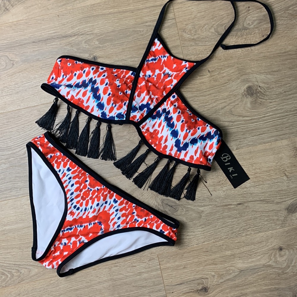 BIKI Red White & Blue Tasseled Boho Bikini
